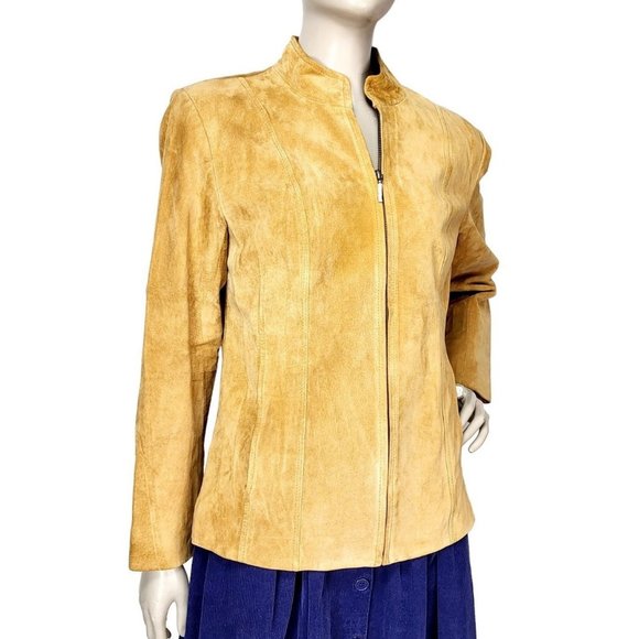 Preston & York Beige Suede Leather Collarless Zip-Up Jacket Size Small - Picture 1 of 11